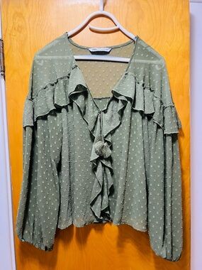 Zara Sage Green Ruffle Tie-Front Blouse